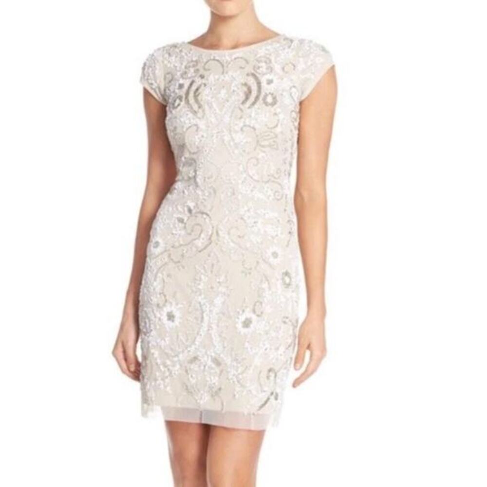 Aidan Mattox Beaded Sequin Cap Sleeve Mesh Cocktail Dress Nude Silver Size 0